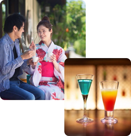 画像：アイスを食べる様子と湯上がりドリンクのカクテル
