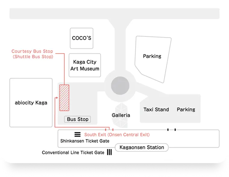 Diagram: The ryokan bus stop is at the local bus terminal just outside the Kaga-Onsen Station South Exit (Onsen Chuo Exit).