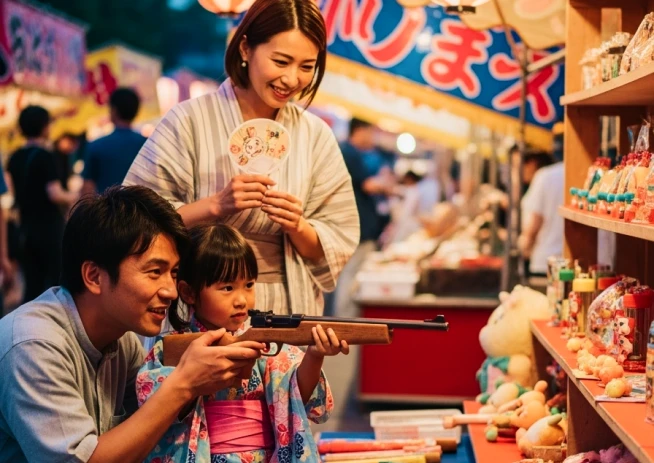 写真：かがり灯屋台の射的を楽しむ親子